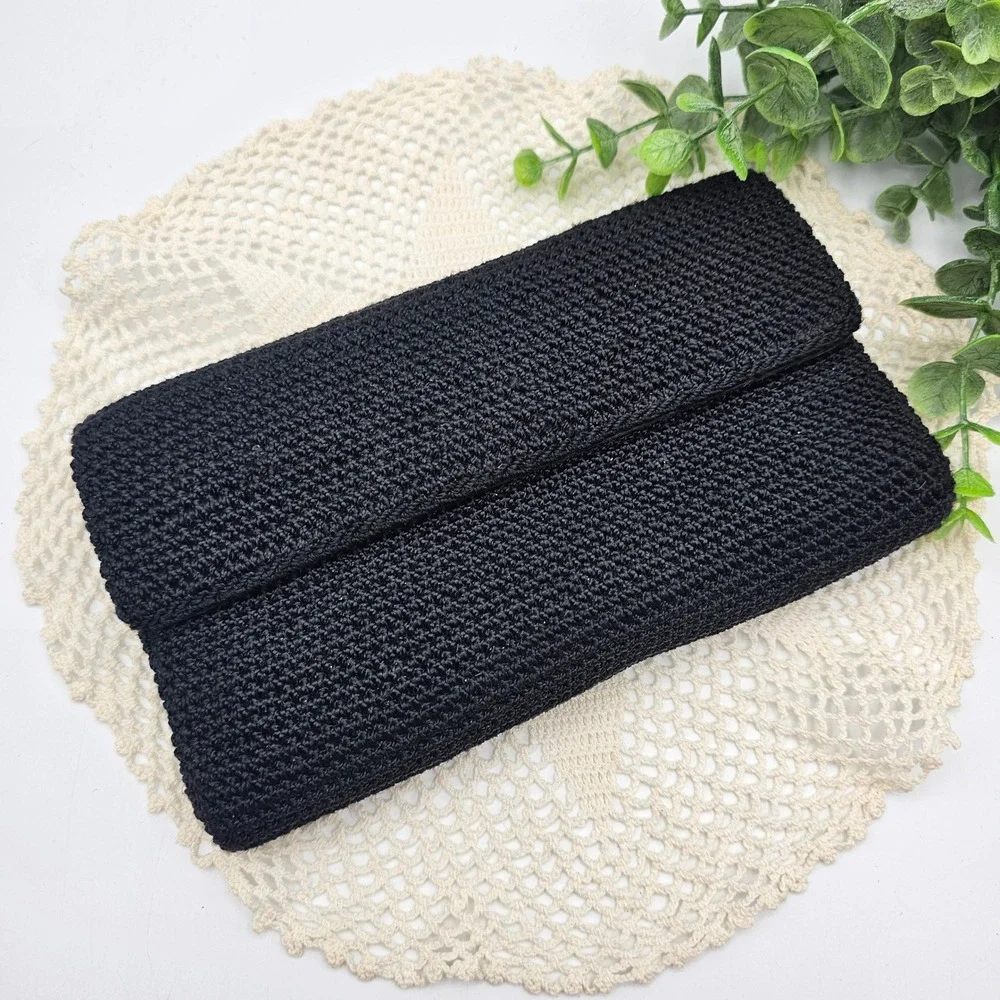 The Sak Black Woven Raffia Clutch Wallet Organizer Snap Closure